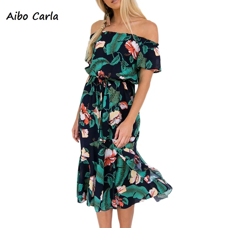 Women Boho Floral Print Off Shoulder Swing Summer Beach Party Dress Sundresses Female 2018 | Женская одежда