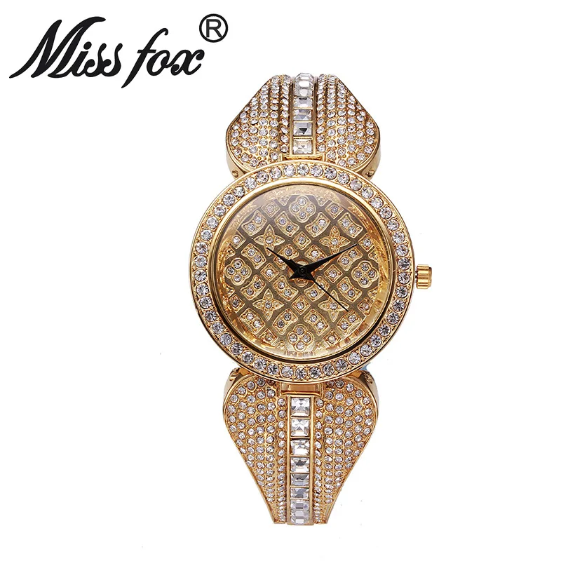 Женские кварцевые часы Miss Fox с золотым браслетом и стразы | Наручные