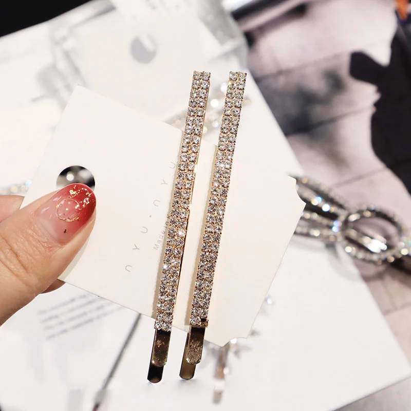 

2pc Fashion Simple Korean Shiny Crystal Barrettes Long Hair Clips Double Rhinestones Forehead Side Hairpins Hair Accessories S35