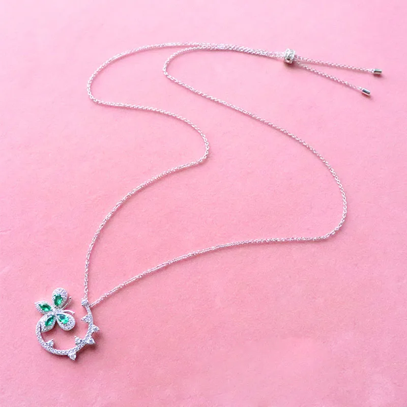 SLJELY Luxury 925 Sterling Silver Mentha Mint Green Cubic Zirconia Butterfly Flower Pendant Necklace Fine Women Brand Jewelry | Украшения и
