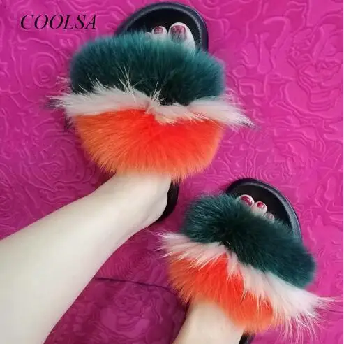 5 COOLSA/Новые модные женские тапочки с натуральным лисьим мехом; милые пушистые пляжные шлепанцы; женские разноцветные меховые плюшевые тапочки; - Цвет: 5
