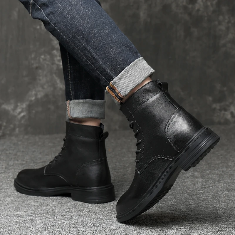 New Fashion Men's Boots Genuine Leather Motocycle Boots Winter Warm Shoes Motorcycle Mens Ankle Boot Autumn Men Oxfords Shoes