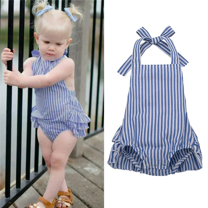 Детская одежда на шнуровке для девочек Летний комбинезон в полоску с открытой