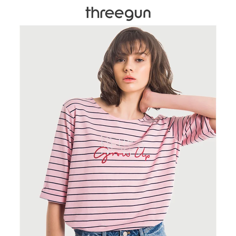 THREEGUN футболка 2019 Весна Лето Новые полосатые футболки с принтом гладкие круглым