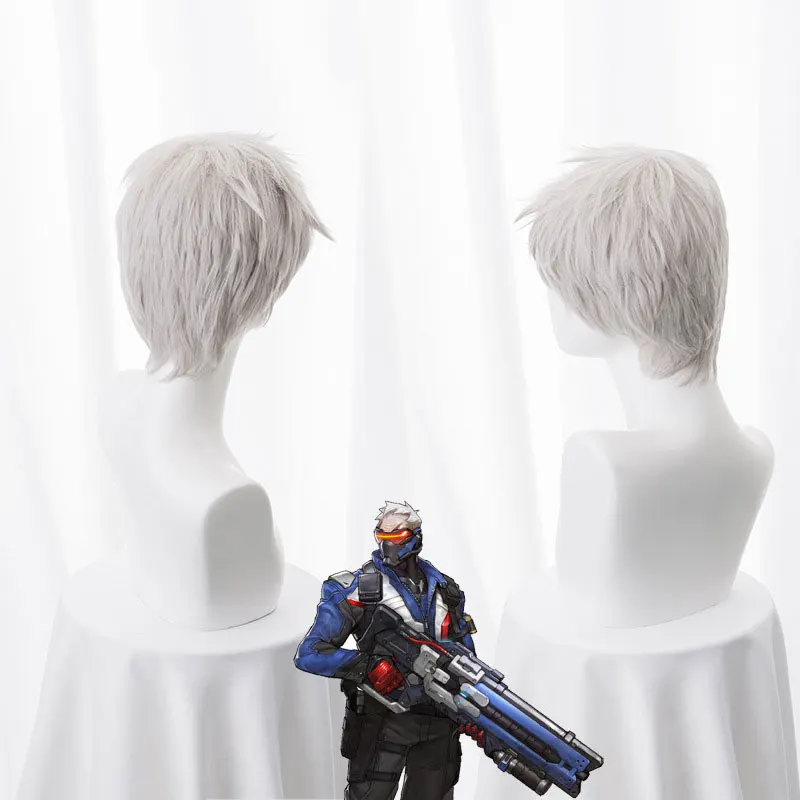 Фото New Arrival Game Cosplay Wig 30cm Short Straight  Hair Soldier 76 Jack Morrison  Wig for Man Boy Costume Party Silver Grey №3