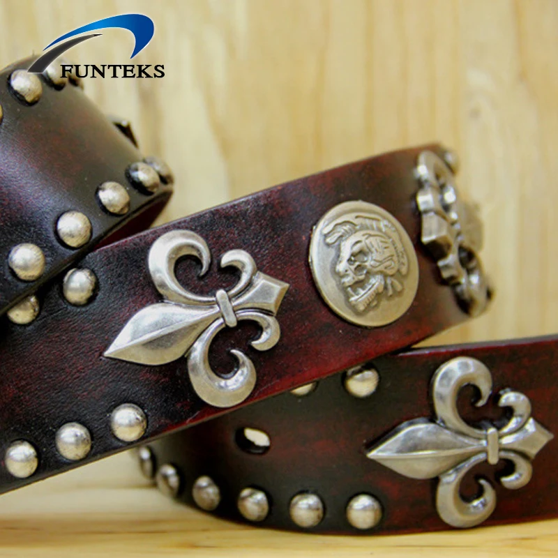 FUNTEKS 2017 унисекс из натуральной кожи Ремни Для мужчин Сплав пряжкой заклепки