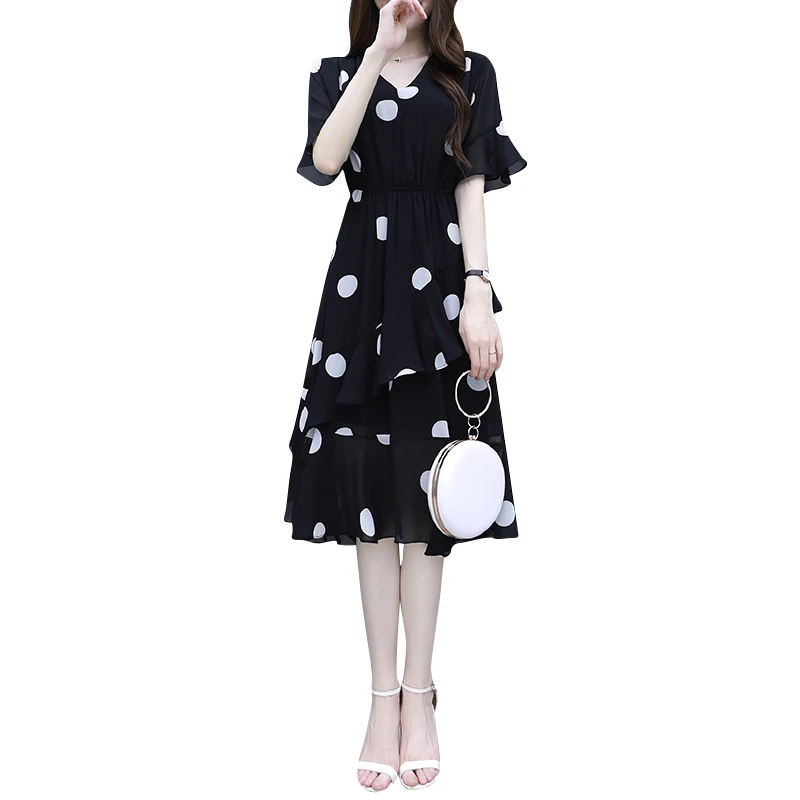 Женское шифоновое платье в горошек черное или белое элегантное приталенное