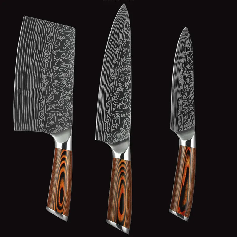 3pcs Kitchen Knives Stainless Steel Damascus laser pattern Knife Paka Wood Handle Fruit Vegetable Meat Cooking Tools Accessorie | Дом и сад