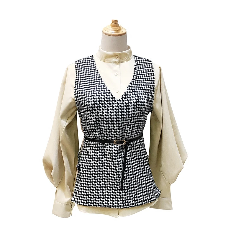 

KMETRAM 2020 Spring Autumn Women Two-Piece Set Clothes Cotton Tops Fashion Shirt + Plaid Vest Blusa Feminina Women's Shirt HH645