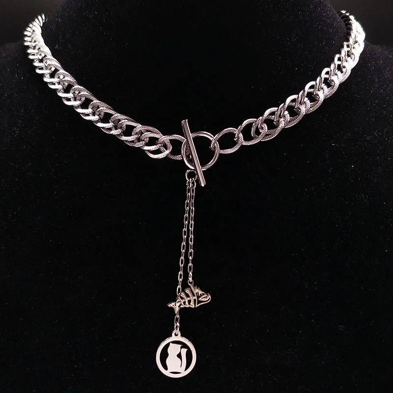Женское Ожерелье из нержавеющей стали с изображением кошки и рыбы ювелирное
