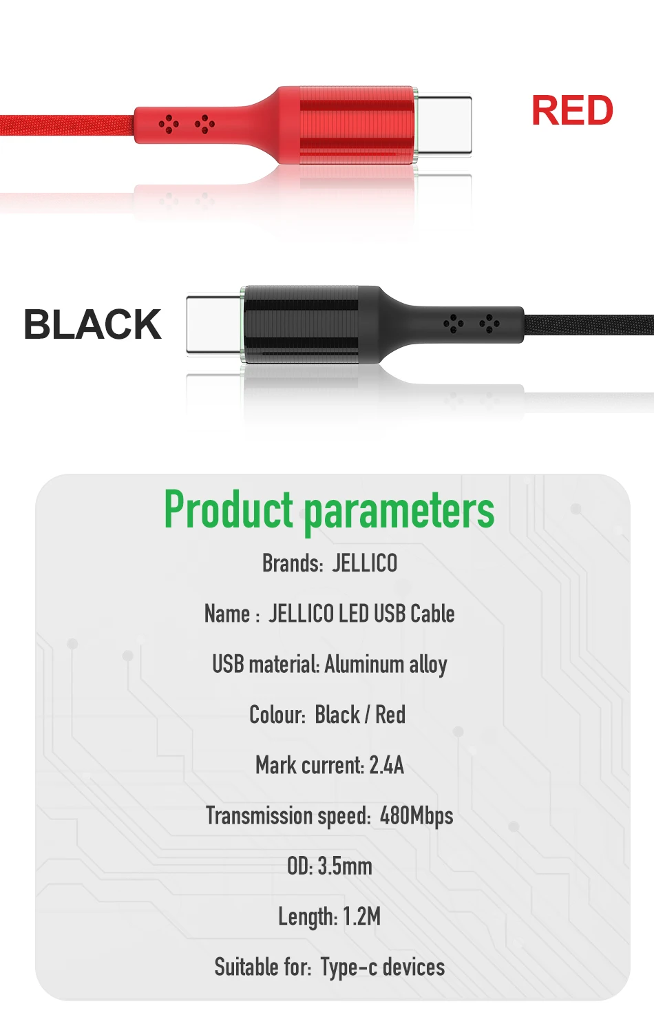 Jellico светодиодный usb-кабель типа C для samsung Galaxy S9 USB C кабель type-C кабель для быстрой зарядки для huawei Xiaomi Mi6 шнур