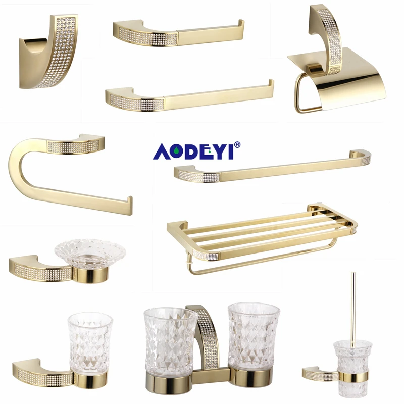 Czech Crystal Bathroom Hardware Set Robe Hook Towel Rail Rack Bar Shelf Toothbrush Holder Bathroom Accessories Gold/Chrome