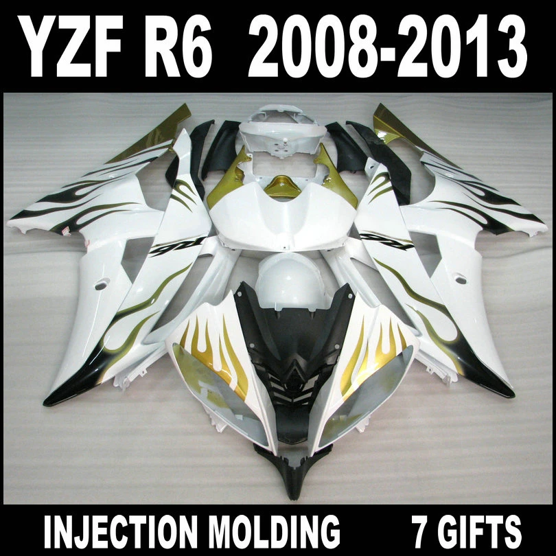 7 подарков Обтекатели для 08 09 10 11 12 13 YAMAHA R6 2008 2009 - 2013 Золотой Черный пламя в белом YZF