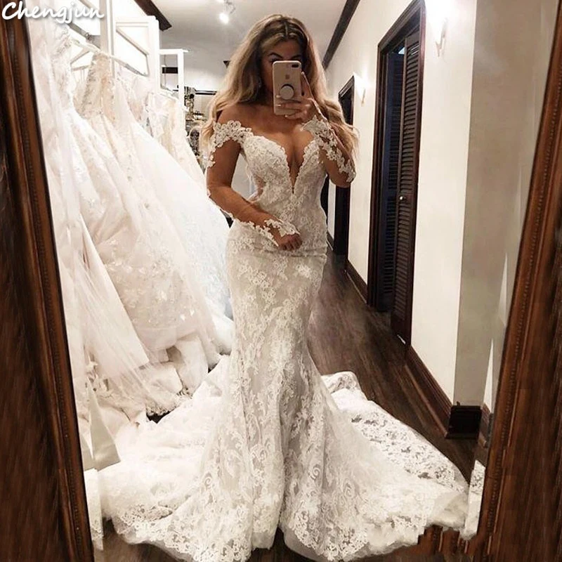 Chengjun итальянский Bodycon кружева с длинным рукавом Русалка пикантное свадебное платье