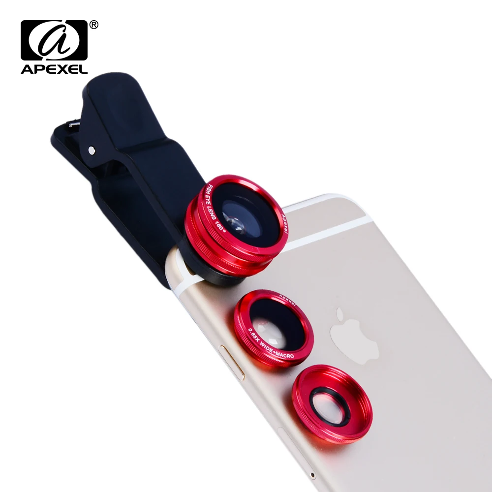 APEXEL 3 in 1 camera lens Kit universal 180 Fisheye 10X Macro 0.65X Wide angle Lens for iPhone 5S 6 6S Plus Xiaomi | Мобильные