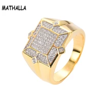 mathalla hip hop mens ring high quality gold plated color iced cubic zircon square ring cz mens and womens couple gifts
