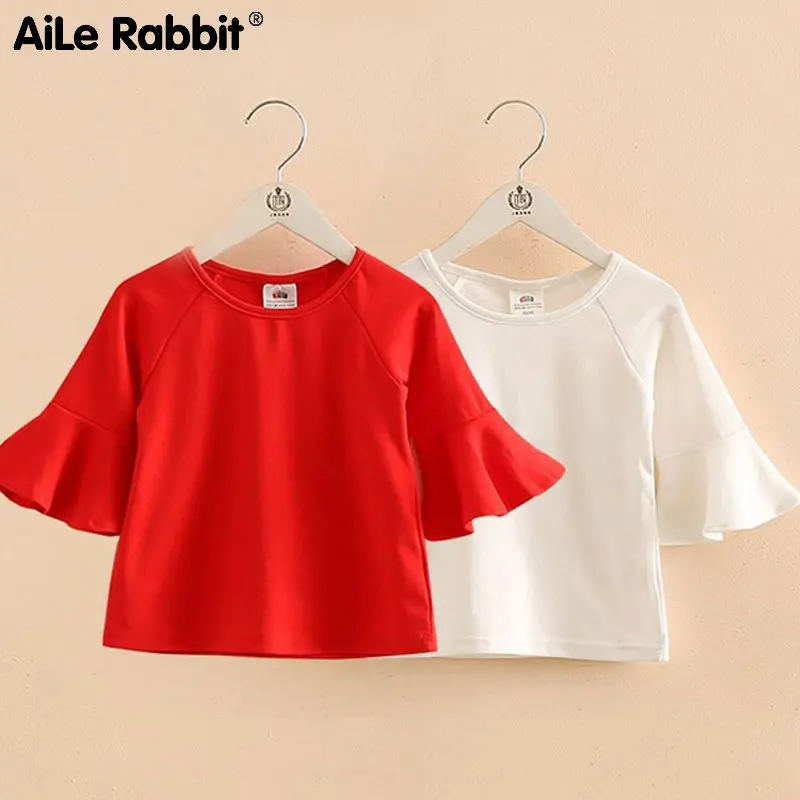 

Girls' Clothes Tops T-shirt Trumpet Sleeves Girls Bottoming Shirt Children's Wear Clothes White Red For Girls 2-7 Years Old
