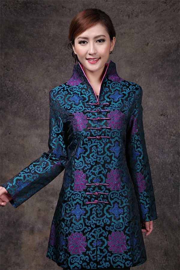 Синяя китайская женская атласная длинная куртка со скидкой классический стиль v