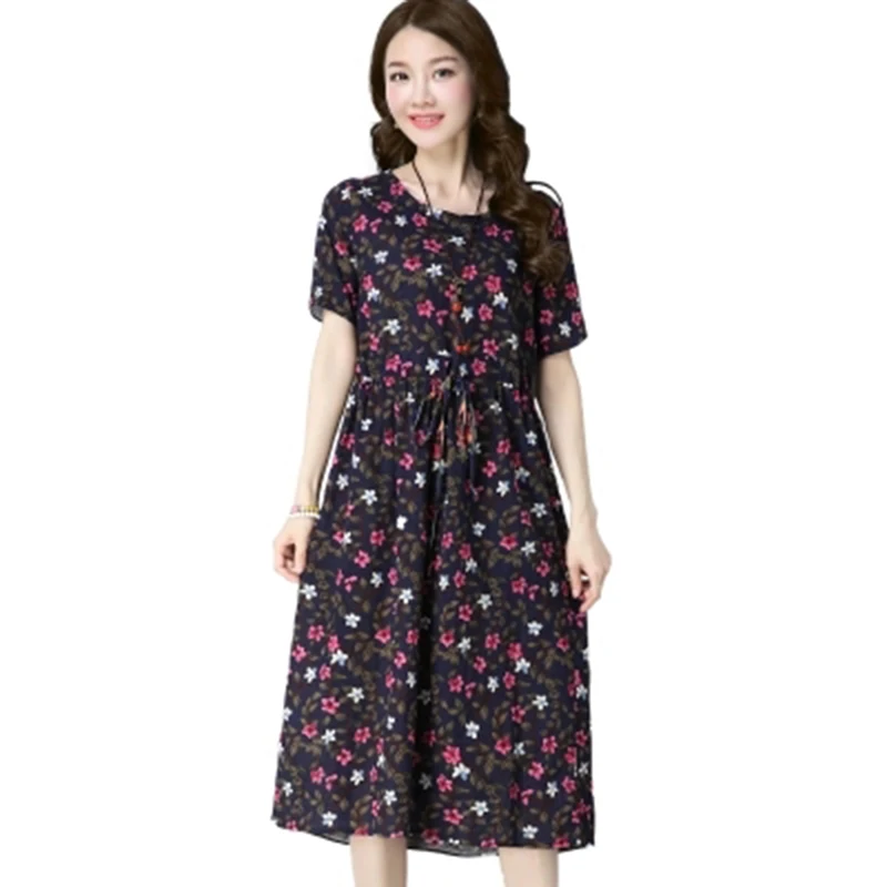 Женское винтажное платье с коротким рукавом Длинное свободное из хлопка и льна