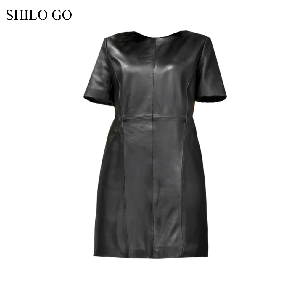 Женское платье из овчины SHILO GO зимнее черное офисное натуральной кожи с круглым