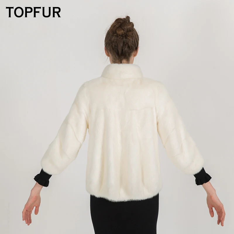 TOPFUR New Arrival White Full Pelt Mink Fur Coats For Women With Standing Collar Short Coat High Quality Mink Fur Jacket