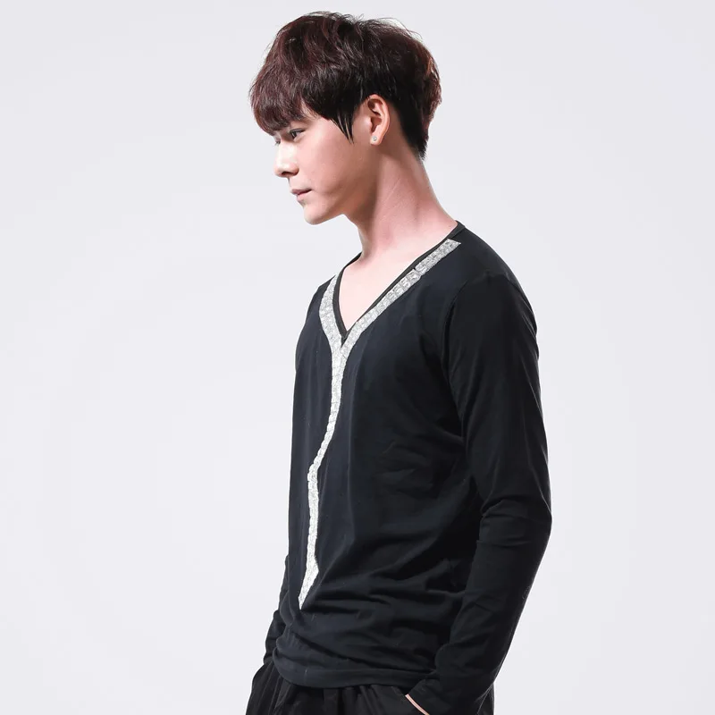 Мужская Облегающая рубашка в стиле панк с v-образным вырезом длинными рукавами