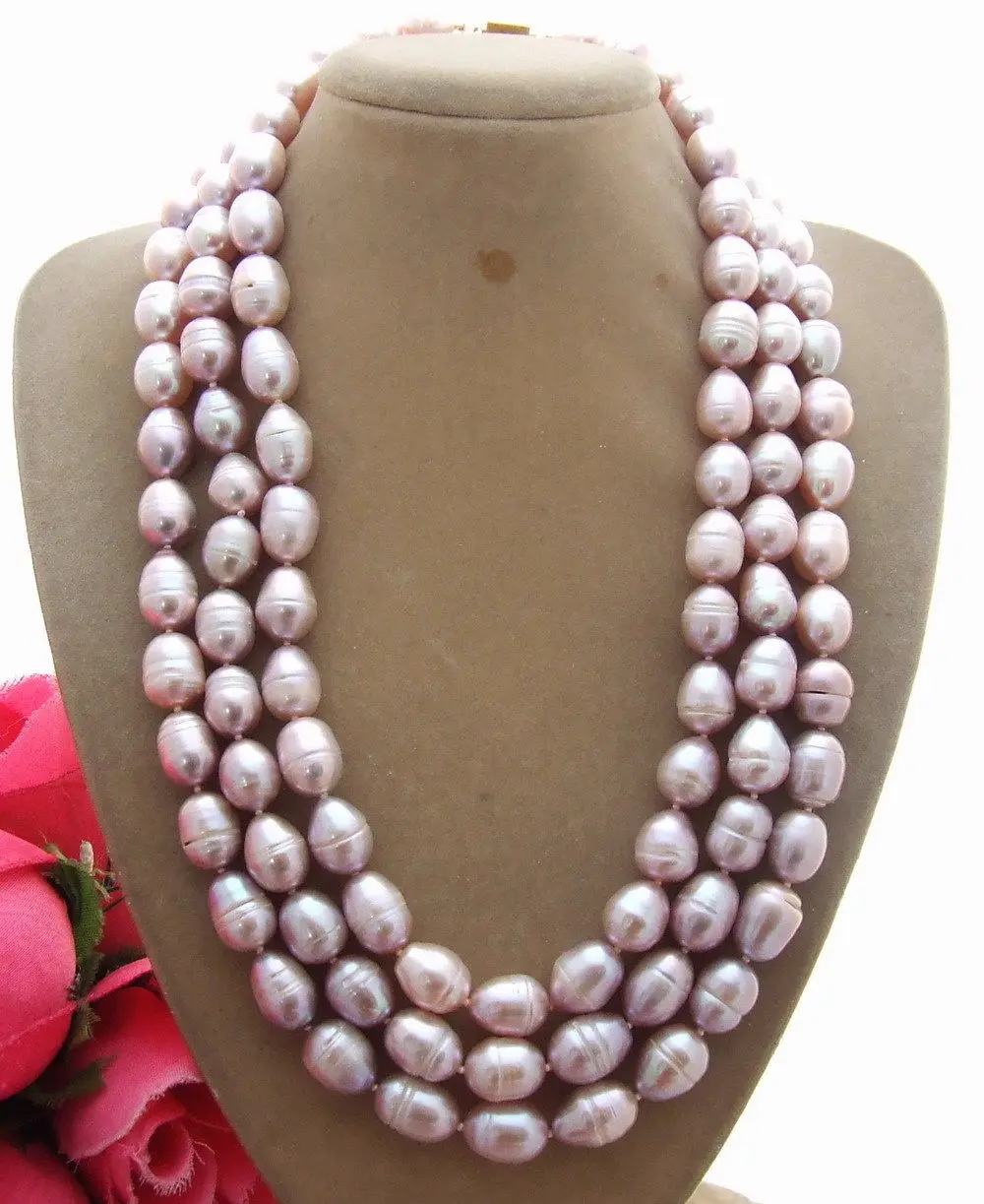 

Natural freshwater pearls 18"9-10MM 3Strands Purple Pearl Necklace