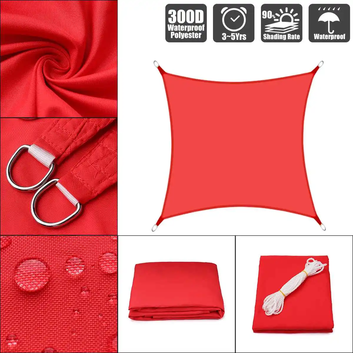 2x2m 300D Waterproof Polyester Awning Sun shading net Sun Shade Sail Outdoor Sun Shelter Bright Red color - Цвет: 2x2m