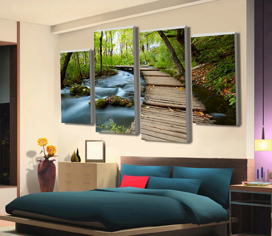 4 Панель наборы Красивый водопад пейзажная живопись цветы современные картины на