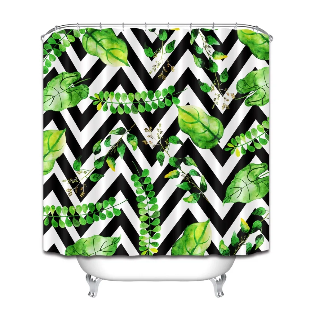 LB черно-белые волнистые полосы зеленые листья натуральный душ занавеска