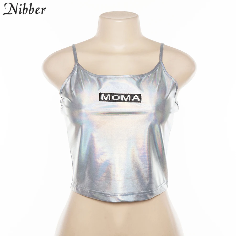 Nibber весенние модные блестящие серебряные укороченные топы camisole женские новые футболки с короткими рукавами женские повседневные Клубные праздничные безрукавки
