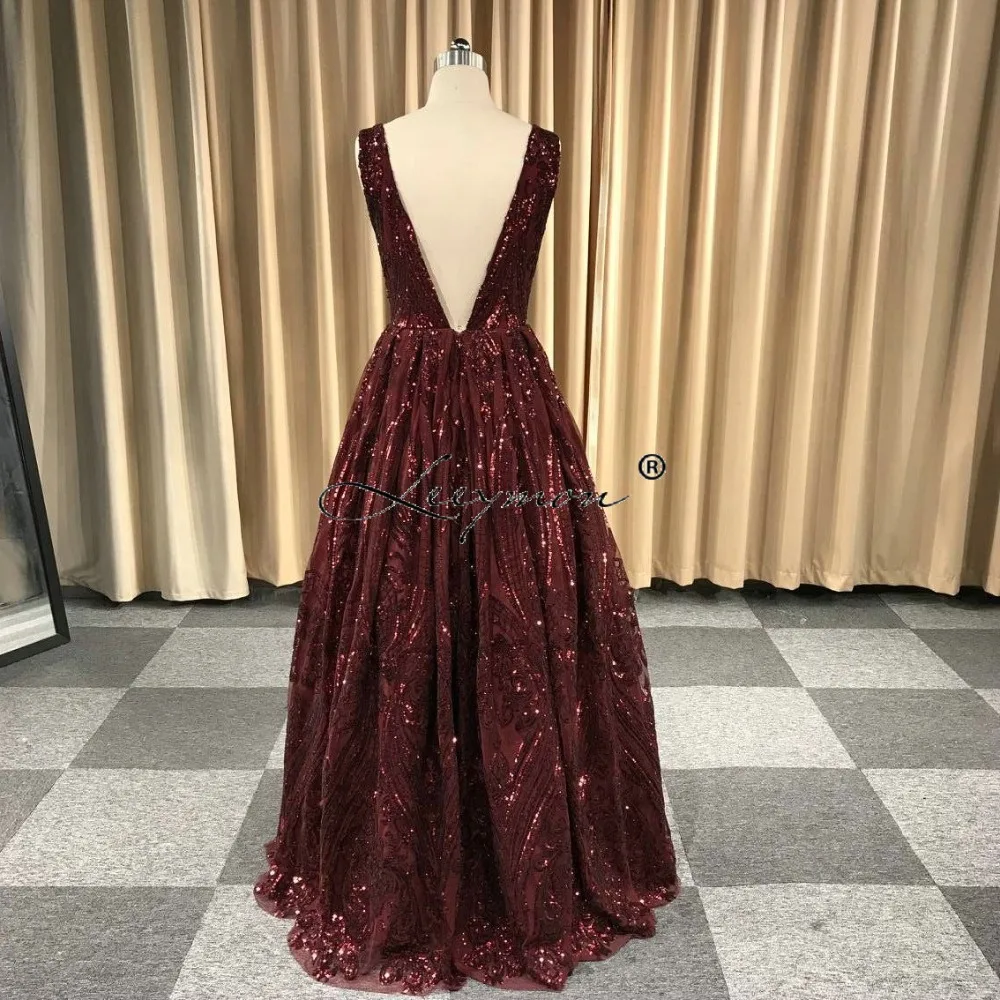 Leeymon2020   Free Shipping V-Neck Prom Dresses Sequins Lace Evening Party Dress A-Line Vestido De Festa Cheap Long Prom Dress