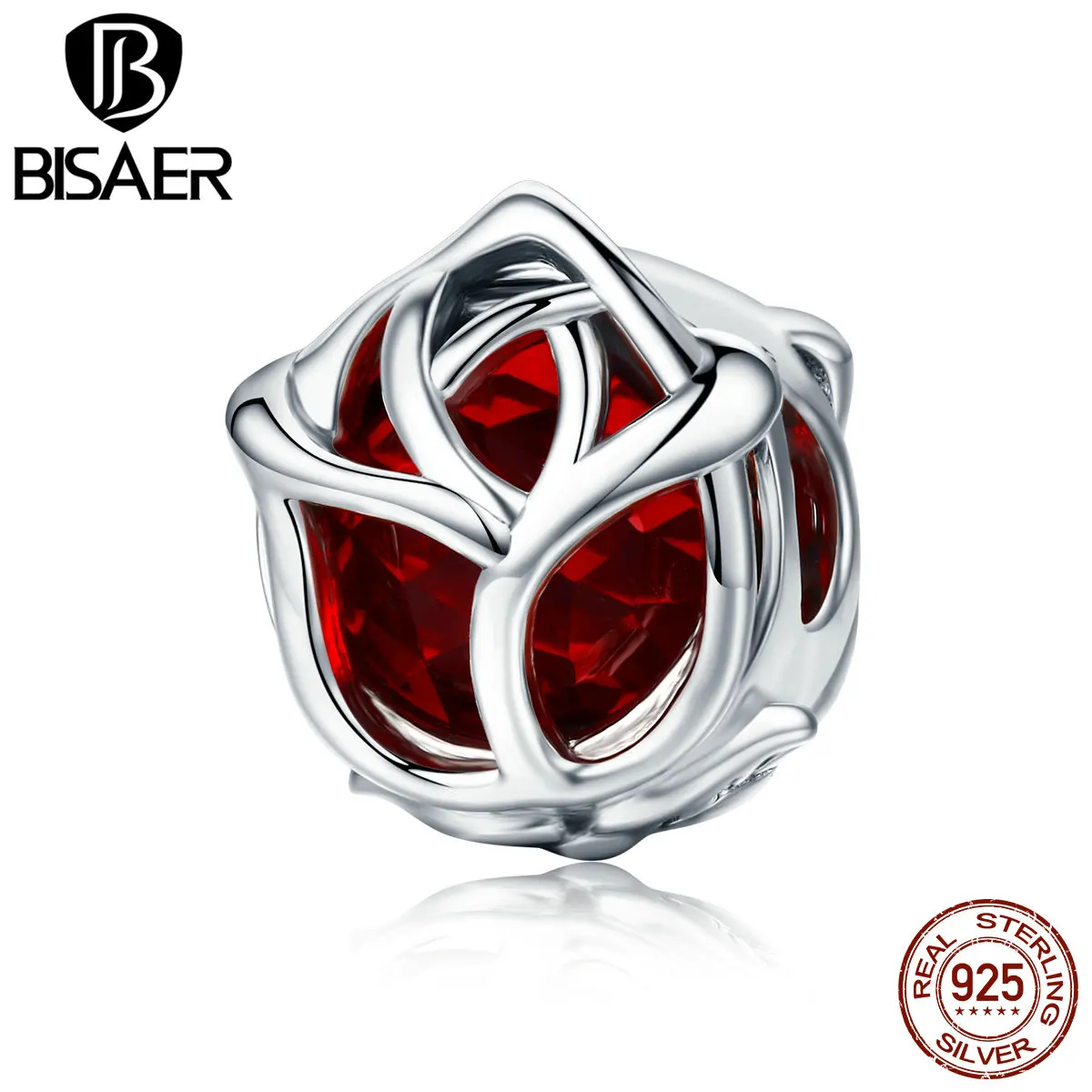 BISAER 100% 925 пробы серебра Perles Романтический Красная роза цветок Форма шарма бусины