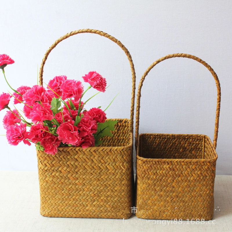 

1pc Straw Patchwork Handmade Bamboo Storage Baskets Laundry Wicker Rattan Seagrass Belly Garden Flower Pot Planter Basket