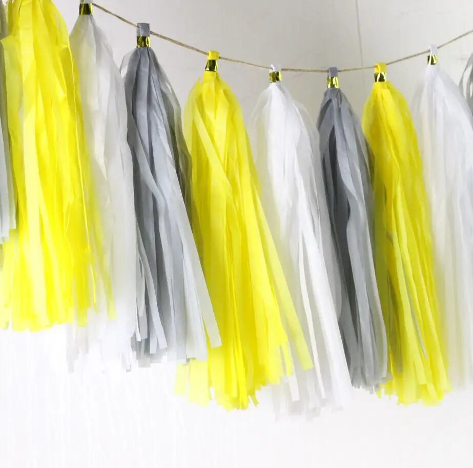 16pcs Yellow Gray and White Tissue Tassel Garland - Buttercup Decoration Baby Boy Gender Neutral | Дом и сад