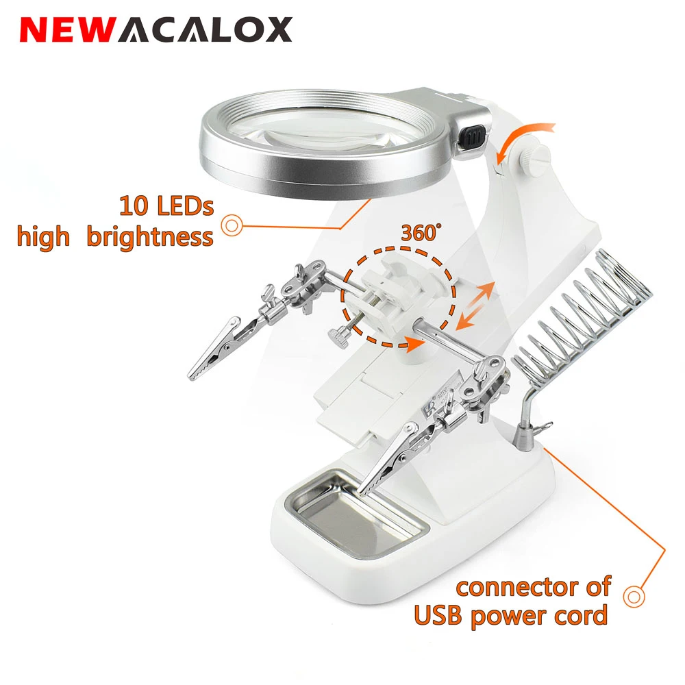 NEWACALOX 3X/4.5X светодиодный настольный Лупа увеличительное стекло сварочная лупа для чтения третьей рукой крокодил зажим паяльник инструмент для ремонта