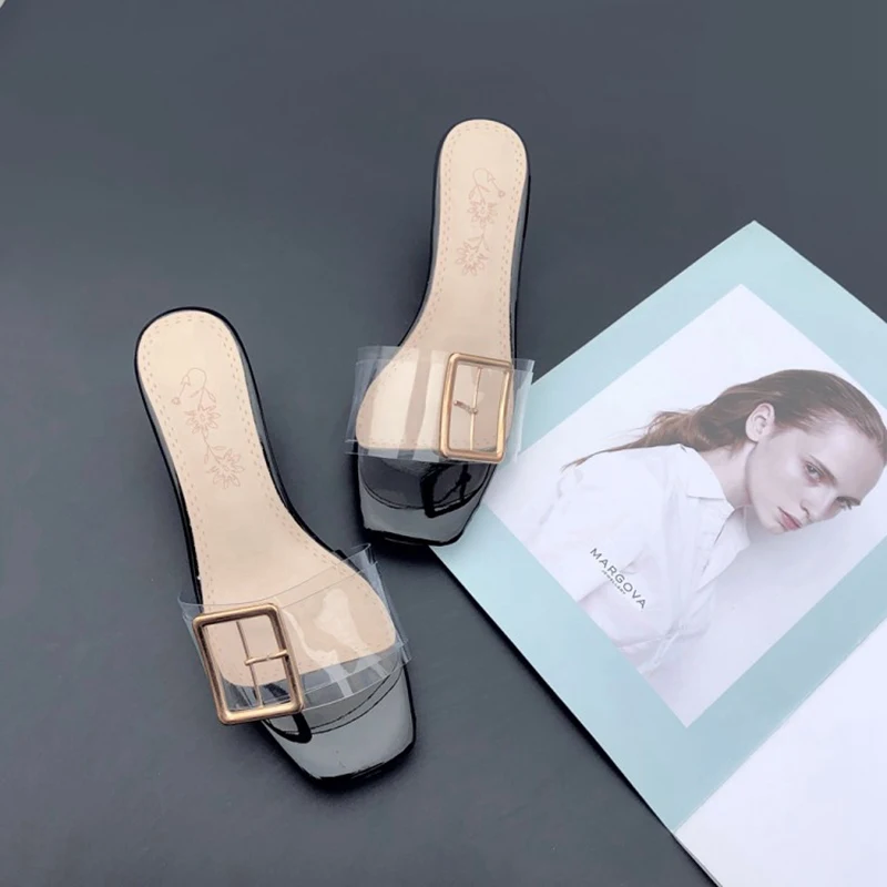 ?? 奪う猫透明高ブロックヒールスリッパ女性サンダル夏スライドクリア PVC ミュールピープトウシューズ Zapatos Mujer 白