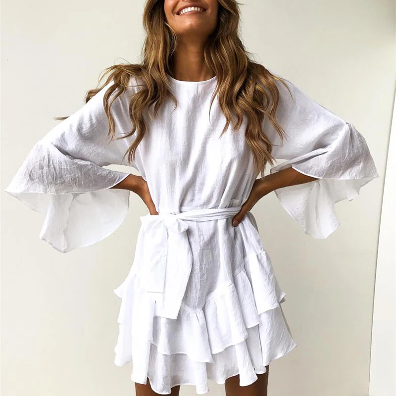 ELSVIOS Women Spring Ruffles Three Quarter Sleeve Mini Dress Elegant Casual O-neck Sashes A-Line Bow Tie Up Summer Beach Dresses | Женская