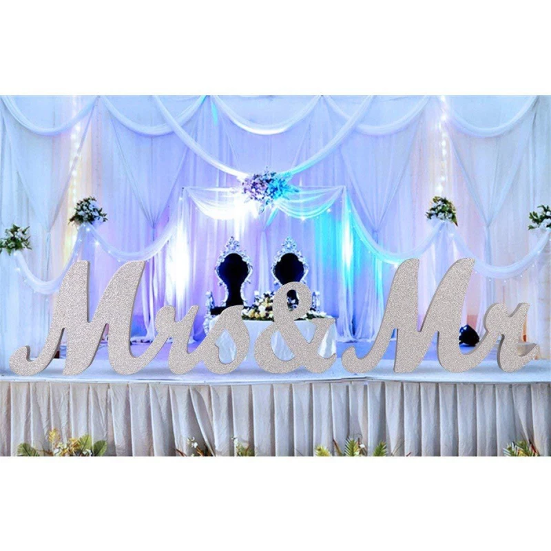 Деревянный Свадебный знак Mr& Mrs, золотой Блестящий Свадебный знак с буквами, настольный знак, милые украшения стола для Значки для вечеринки, художественное ремесло из дерева