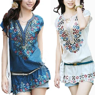 2016 синий белый розовый бежевый Богемия Вышивка китайский Стиль с коротким