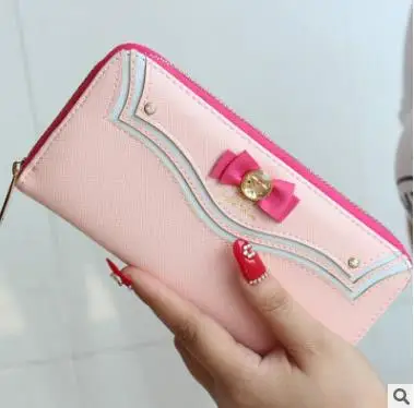 long pink Япония Сейлор Мун из искусственной кожи Длинный кошелек для женщин на молнии Держатель для карт кошелек сумочка бантик клатч Famale Carteira Feminina - Цвет: long pink