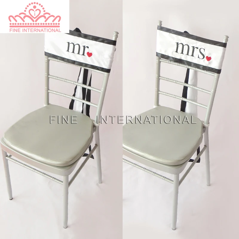 Embroidered Mr & Mrs  White And Black Satin Chair Sash For Wedding