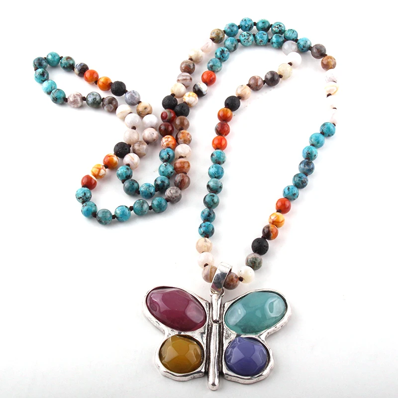 Новинка! MOODPC 108 бусины Mala Multi Stone сплетенные бабочки ожерелье с подвеской Женская