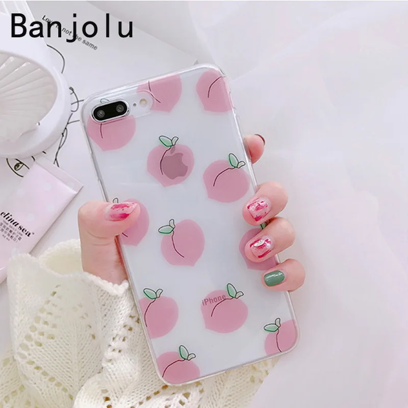 Banjolu New Candy Cute Transparent Stylish Pink Peach Phone Case for iPhone X 7 8 Plus 6 6s Soft TPU Cover Back |