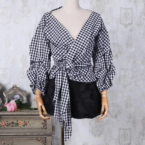 М &amp B высокое качество мода британский винтаж плед с плеча рюшами туника