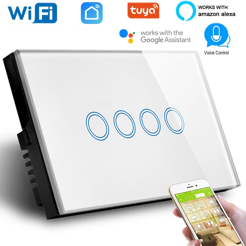 ASEER Smart Life Tuya 4 банда Wi-Fi светильник переключатель, AU/US беспроводные интеллектуальные Настенные переключатели совместимый с Alexa и Google Assistant