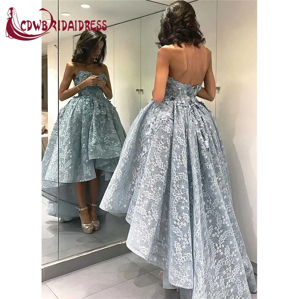 Новое Прибытие Голубой Асимметричный Пром Платья Кружева Аппликация Милая