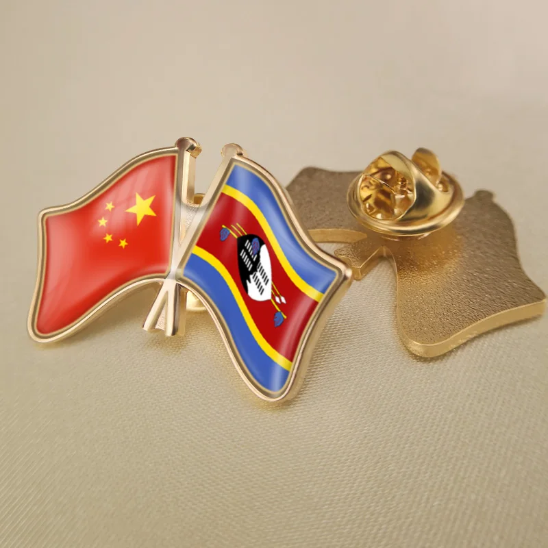 

China and Swaziland Crossed Double Friendship Flags Lapel Pins Brooch Badges
