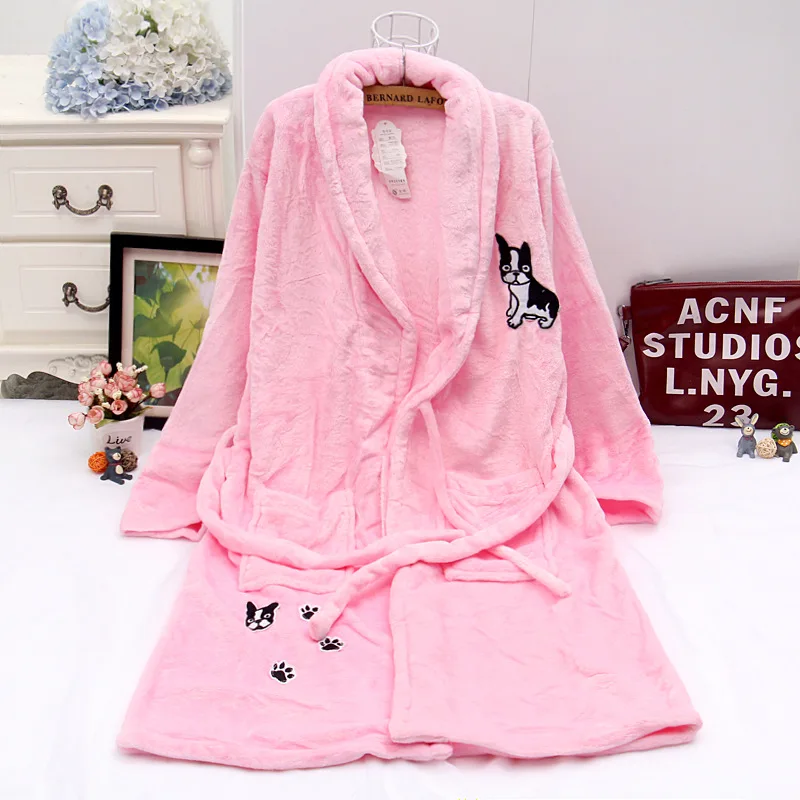 Дамы Милый Мультфильм Собака Pattern Фланели Кардиган Халаты Ночной Рубашке Халат