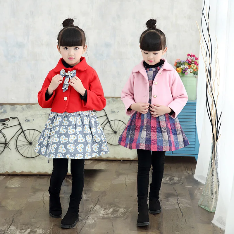 Горячие Продажа Осень-Зима Девушки Две Пьесы Костюм Шерстяные Лук Пальто + Платье